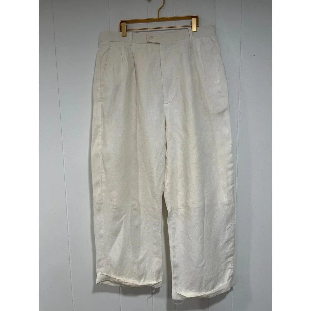 Leurenier Mens 100% Linen Pleated Trousers Off White Cream Wide Leg Pants Sz 36